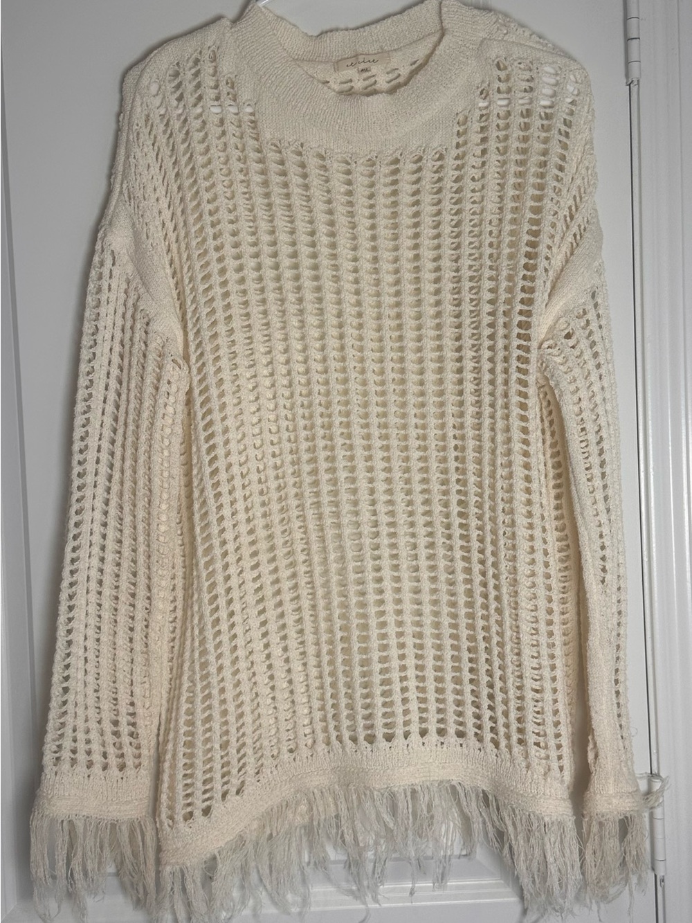 Open-Knit Fringe Hem Cream Sweater Top